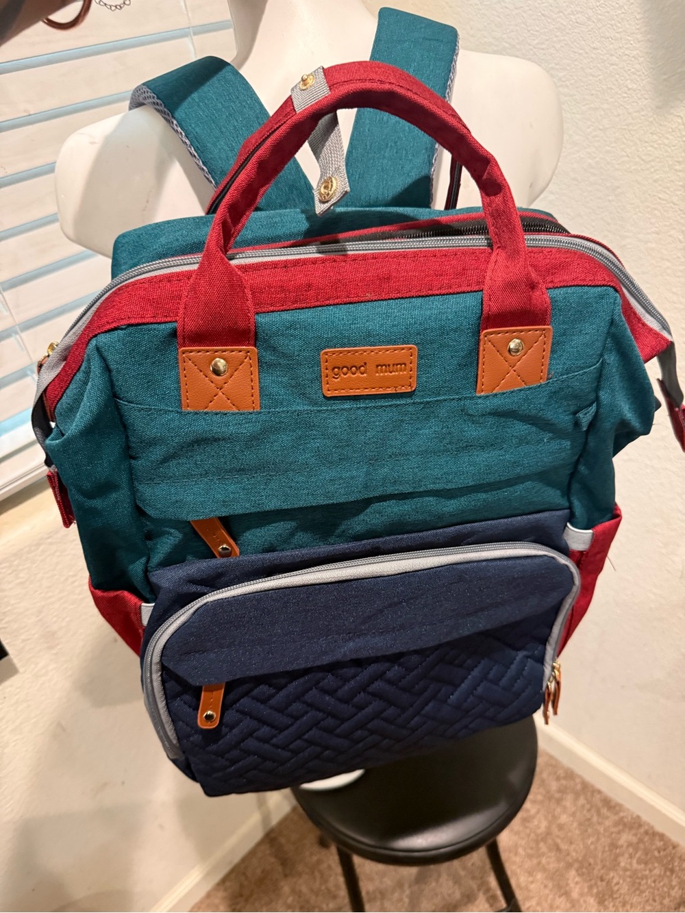 Good Mum Multifuntional Diaper Bag Multicolor Backpack with Quilted Front Pocket